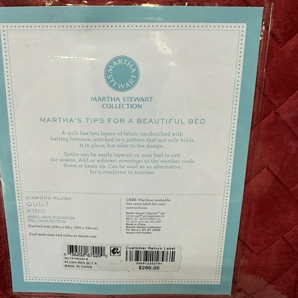 Martha Stewart Diamond Plush Quilt King Bedspread & 2 Standard Shams Red NEW